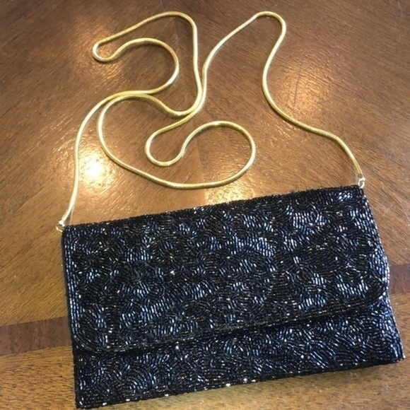 Valerie Stevens Handbags - Valerie Stevens Black & Gold Tone Vintage Seed Bead Beaded Evening Bag Clutch